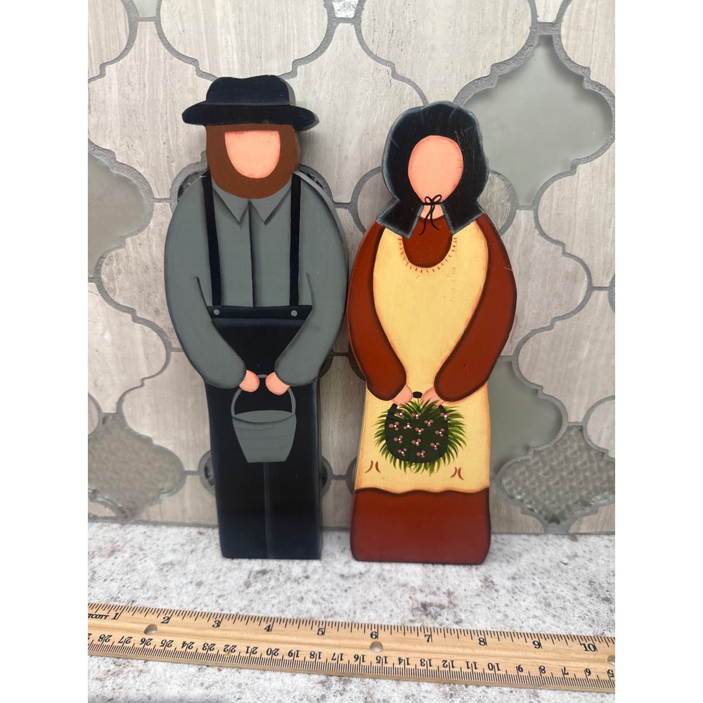 Vintage Amish Couple Wooden Shelf Sitter Set Hand Painted Folk Art Farmhouse 10"